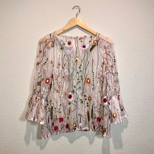 Embroidered Mesh Pink Floral Bell-Sleeve Blouse